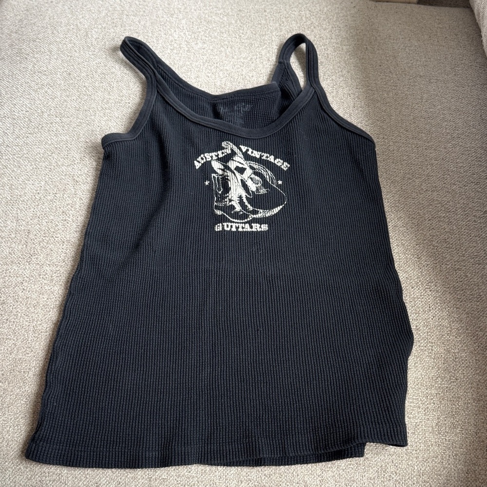 Brandy Melville Black Ribbed Graphic Tank Top with White Logo